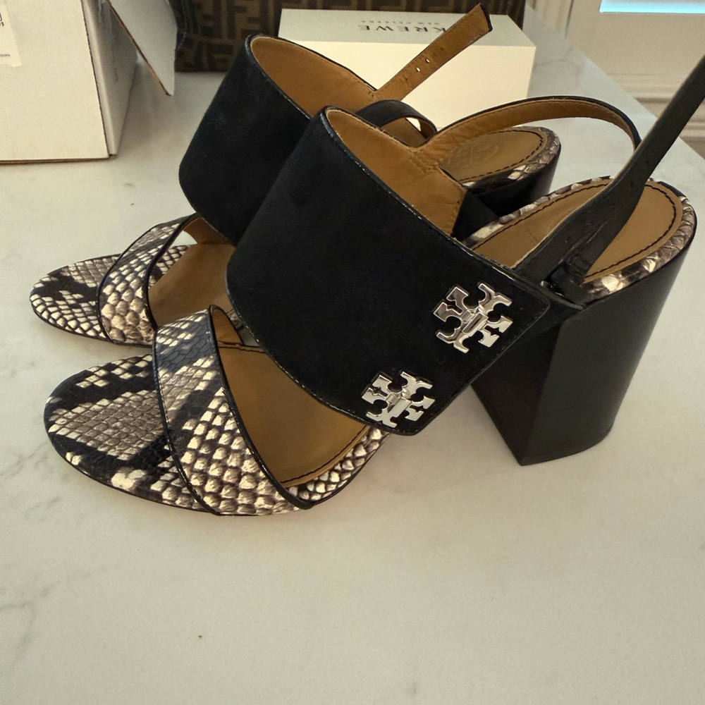 Tory Burch Black Suede & Snake-Print Block Heel Sandals